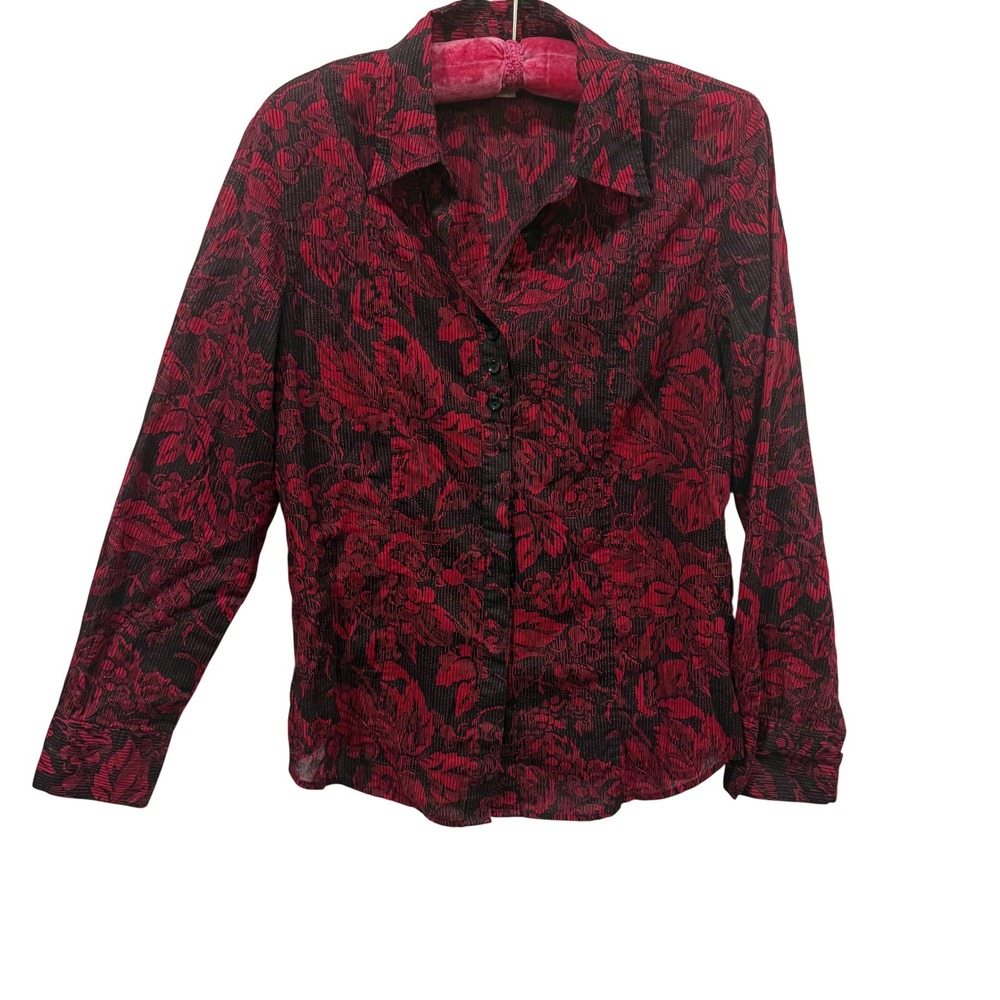 Coldwater Creek‎ Red Black Floral Button Down Shirt Cotton Blouse Womens Medium